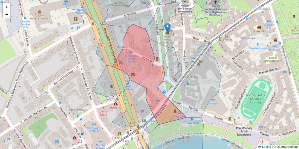 Szczegółowa mapa kodu pocztowego 31-106 z granicami, sąsiednimi kodami pocztowymi i urzędami pocztowymi