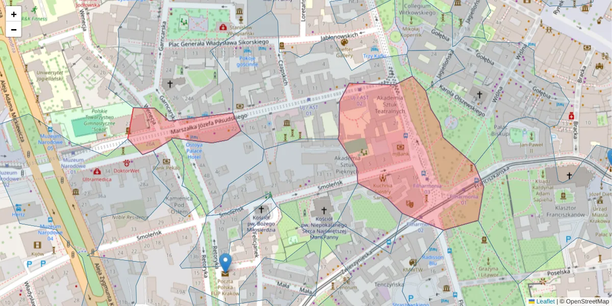 Szczegółowa mapa kodu pocztowego 31-109 z granicami, sąsiednimi kodami pocztowymi i urzędami pocztowymi