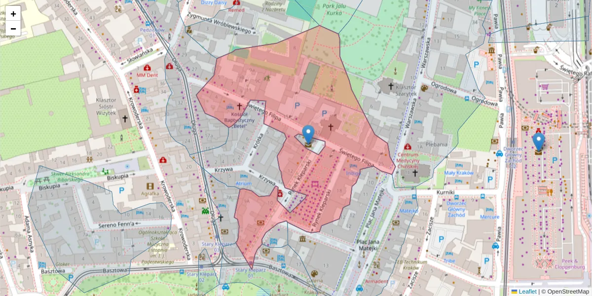 Szczegółowa mapa kodu pocztowego 31-150 z granicami, sąsiednimi kodami pocztowymi i urzędami pocztowymi