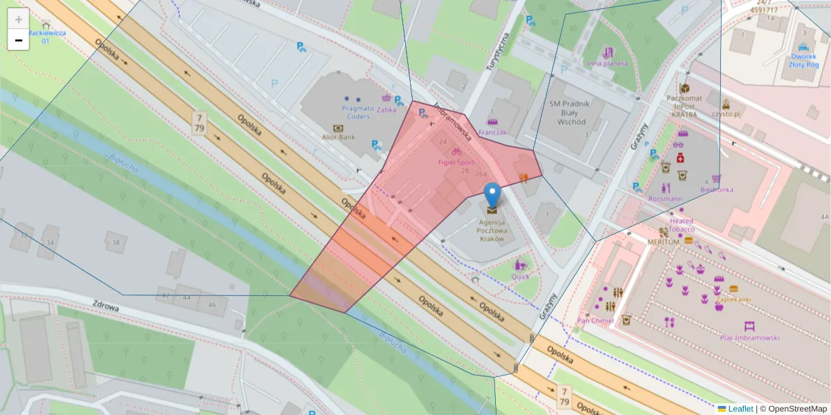 Szczegółowa mapa kodu pocztowego 31-212 z granicami, sąsiednimi kodami pocztowymi i urzędami pocztowymi