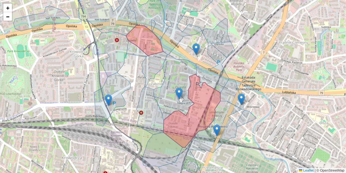 Szczegółowa mapa kodu pocztowego 31-215 z granicami, sąsiednimi kodami pocztowymi i urzędami pocztowymi
