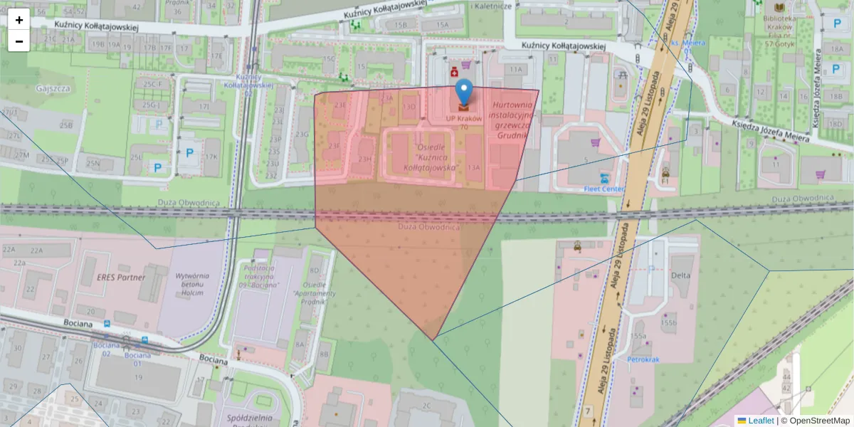 Szczegółowa mapa kodu pocztowego 31-220 z granicami, sąsiednimi kodami pocztowymi i urzędami pocztowymi