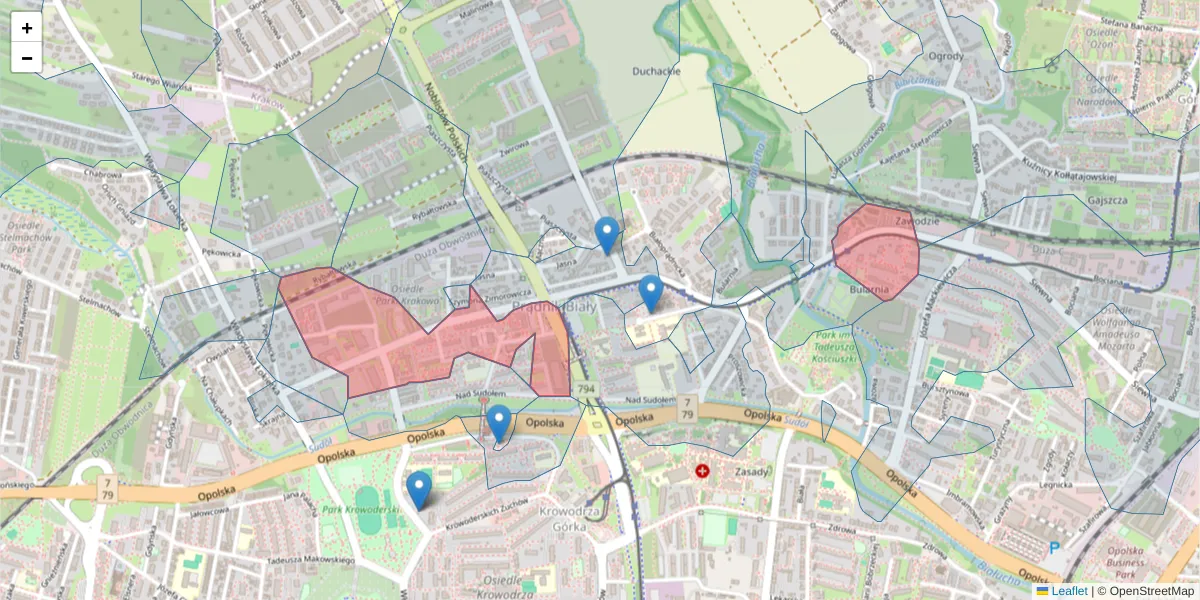 Szczegółowa mapa kodu pocztowego 31-223 z granicami, sąsiednimi kodami pocztowymi i urzędami pocztowymi