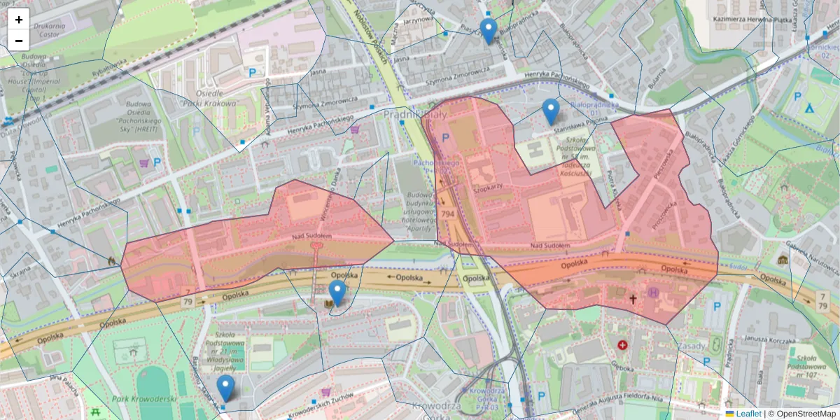 Szczegółowa mapa kodu pocztowego 31-228 z granicami, sąsiednimi kodami pocztowymi i urzędami pocztowymi