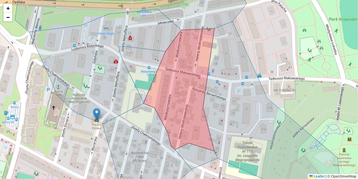 Szczegółowa mapa kodu pocztowego 31-327 z granicami, sąsiednimi kodami pocztowymi i urzędami pocztowymi