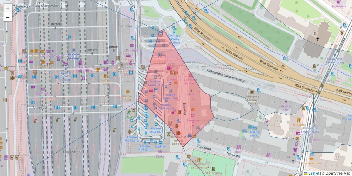 Szczegółowa mapa kodu pocztowego 31-508 z granicami, sąsiednimi kodami pocztowymi i urzędami pocztowymi