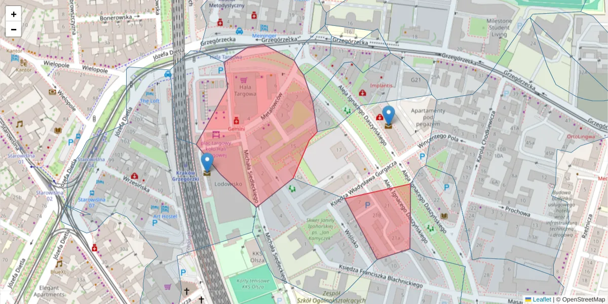 Szczegółowa mapa kodu pocztowego 31-537 z granicami, sąsiednimi kodami pocztowymi i urzędami pocztowymi