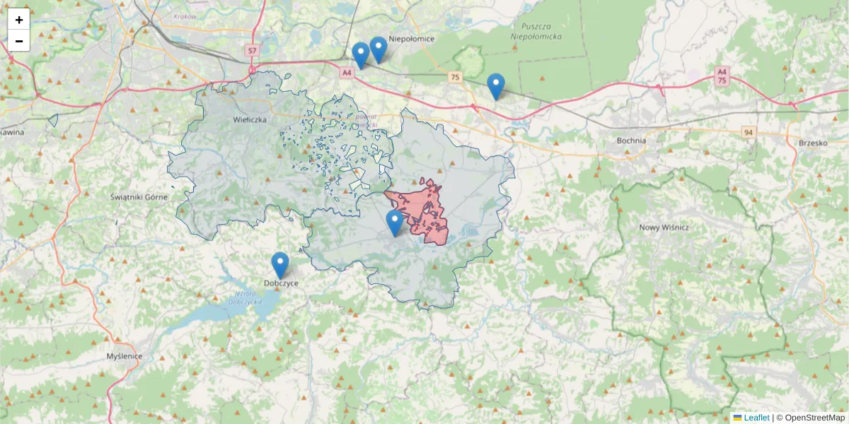 Szczegółowa mapa kodu pocztowego 32-013 z granicami, sąsiednimi kodami pocztowymi i urzędami pocztowymi