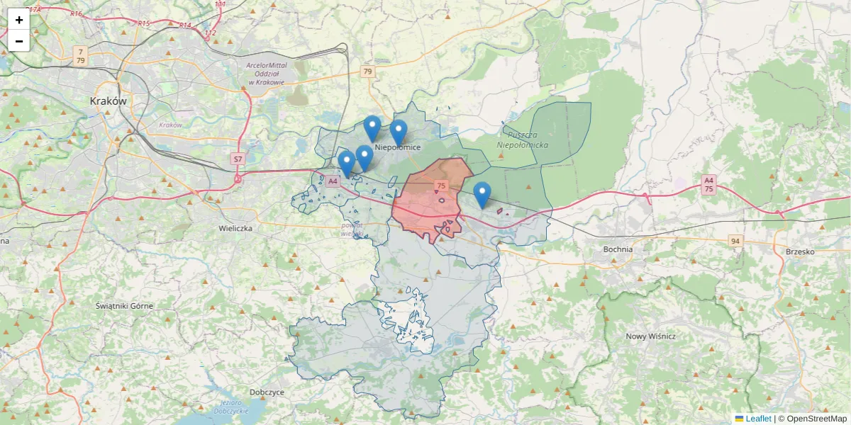 Szczegółowa mapa kodu pocztowego 32-014 z granicami, sąsiednimi kodami pocztowymi i urzędami pocztowymi