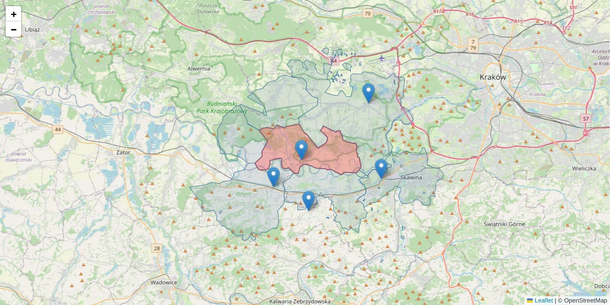 Szczegółowa mapa kodu pocztowego 32-070 z granicami, sąsiednimi kodami pocztowymi i urzędami pocztowymi