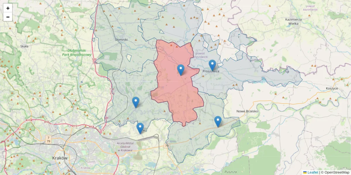 Szczegółowa mapa kodu pocztowego 32-104 z granicami, sąsiednimi kodami pocztowymi i urzędami pocztowymi