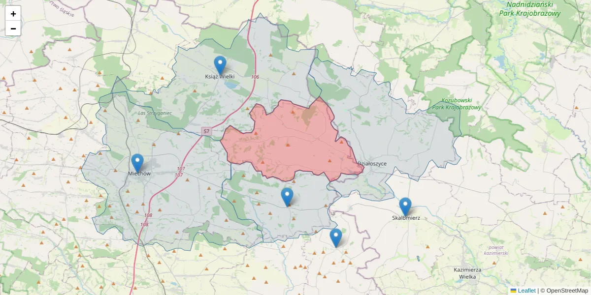 Szczegółowa mapa kodu pocztowego 32-218 z granicami, sąsiednimi kodami pocztowymi i urzędami pocztowymi
