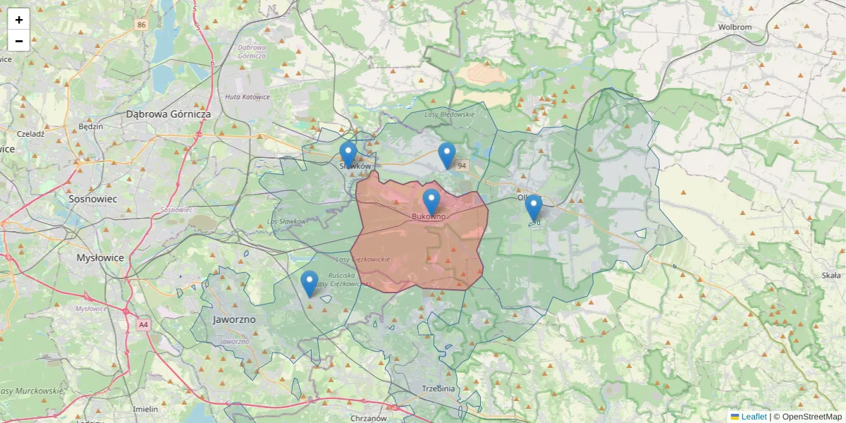 Szczegółowa mapa kodu pocztowego 32-332 z granicami, sąsiednimi kodami pocztowymi i urzędami pocztowymi