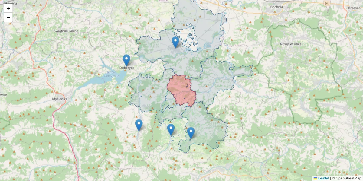 Szczegółowa mapa kodu pocztowego 32-414 z granicami, sąsiednimi kodami pocztowymi i urzędami pocztowymi