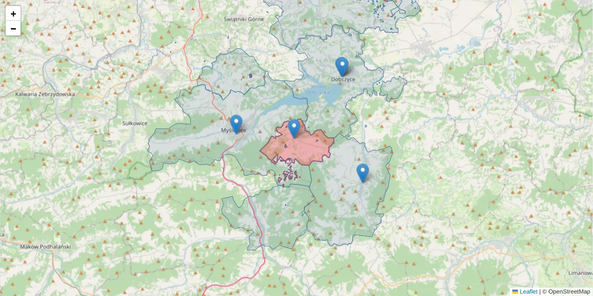 Szczegółowa mapa kodu pocztowego 32-425 z granicami, sąsiednimi kodami pocztowymi i urzędami pocztowymi
