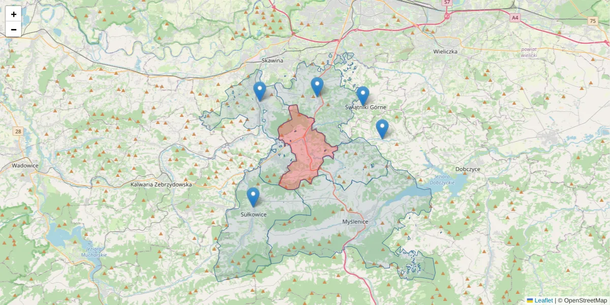 Szczegółowa mapa kodu pocztowego 32-444 z granicami, sąsiednimi kodami pocztowymi i urzędami pocztowymi