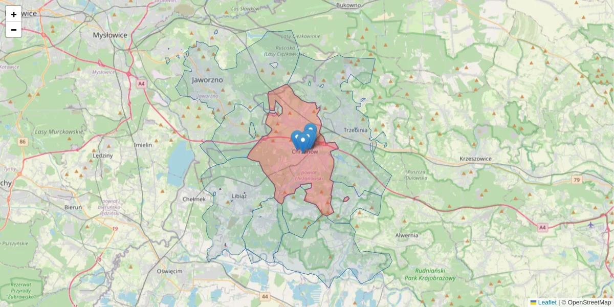 Szczegółowa mapa kodu pocztowego 32-500 z granicami, sąsiednimi kodami pocztowymi i urzędami pocztowymi
