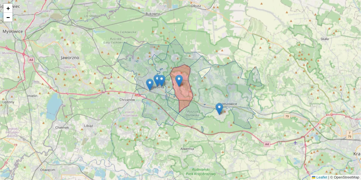 Szczegółowa mapa kodu pocztowego 32-545 z granicami, sąsiednimi kodami pocztowymi i urzędami pocztowymi