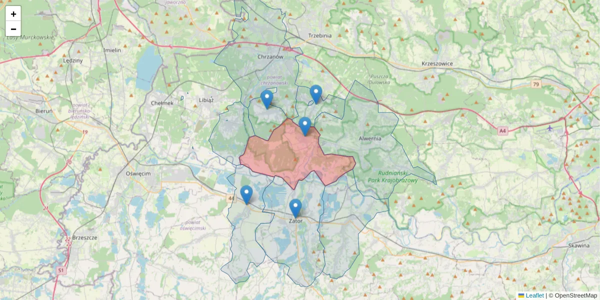 Szczegółowa mapa kodu pocztowego 32-551 z granicami, sąsiednimi kodami pocztowymi i urzędami pocztowymi