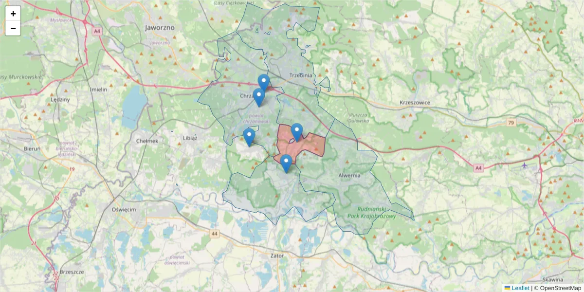 Szczegółowa mapa kodu pocztowego 32-552 z granicami, sąsiednimi kodami pocztowymi i urzędami pocztowymi