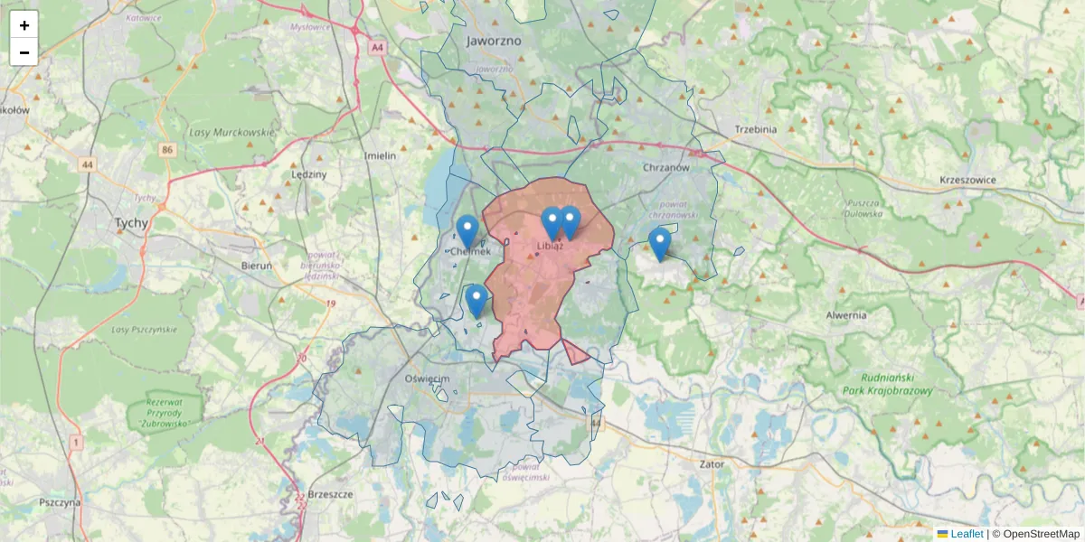 Szczegółowa mapa kodu pocztowego 32-590 z granicami, sąsiednimi kodami pocztowymi i urzędami pocztowymi