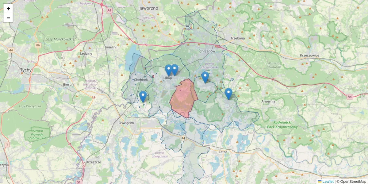 Szczegółowa mapa kodu pocztowego 32-593 z granicami, sąsiednimi kodami pocztowymi i urzędami pocztowymi