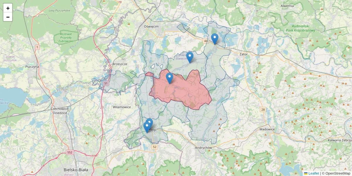 Szczegółowa mapa kodu pocztowego 32-608 z granicami, sąsiednimi kodami pocztowymi i urzędami pocztowymi