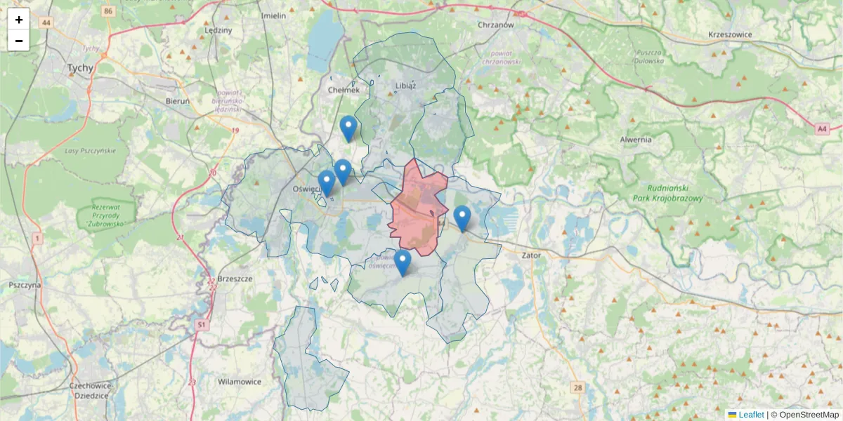 Szczegółowa mapa kodu pocztowego 32-642 z granicami, sąsiednimi kodami pocztowymi i urzędami pocztowymi