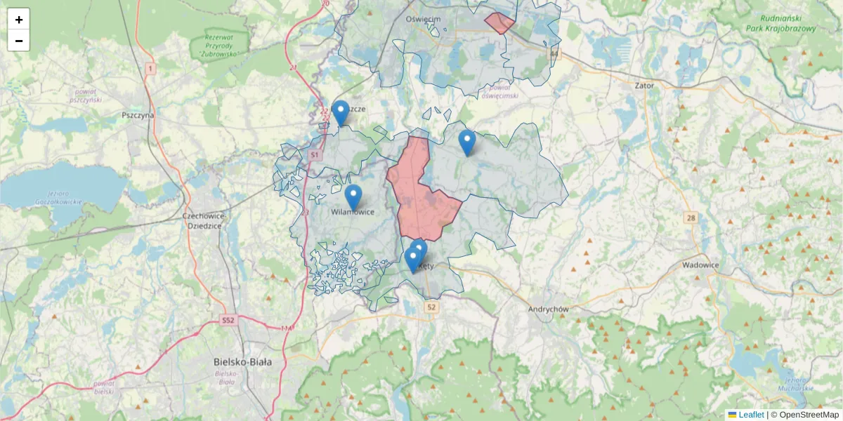 Szczegółowa mapa kodu pocztowego 32-651 z granicami, sąsiednimi kodami pocztowymi i urzędami pocztowymi