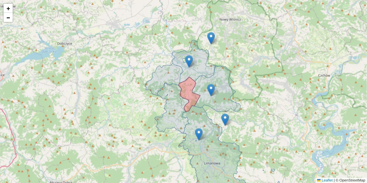 Szczegółowa mapa kodu pocztowego 32-732 z granicami, sąsiednimi kodami pocztowymi i urzędami pocztowymi
