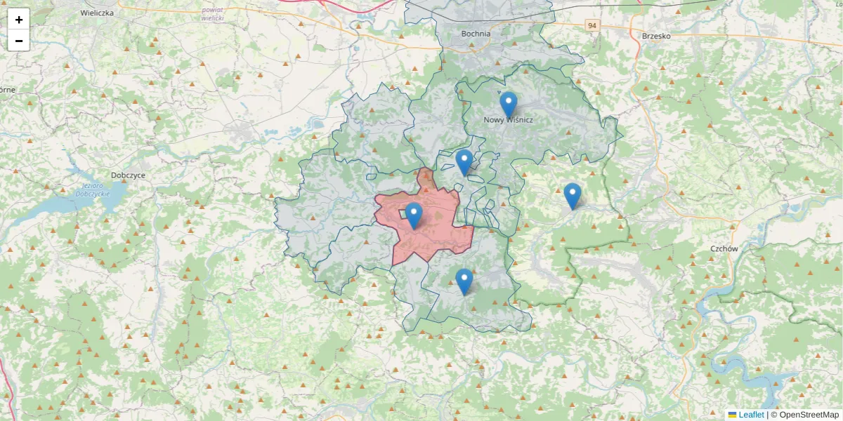 Szczegółowa mapa kodu pocztowego 32-733 z granicami, sąsiednimi kodami pocztowymi i urzędami pocztowymi