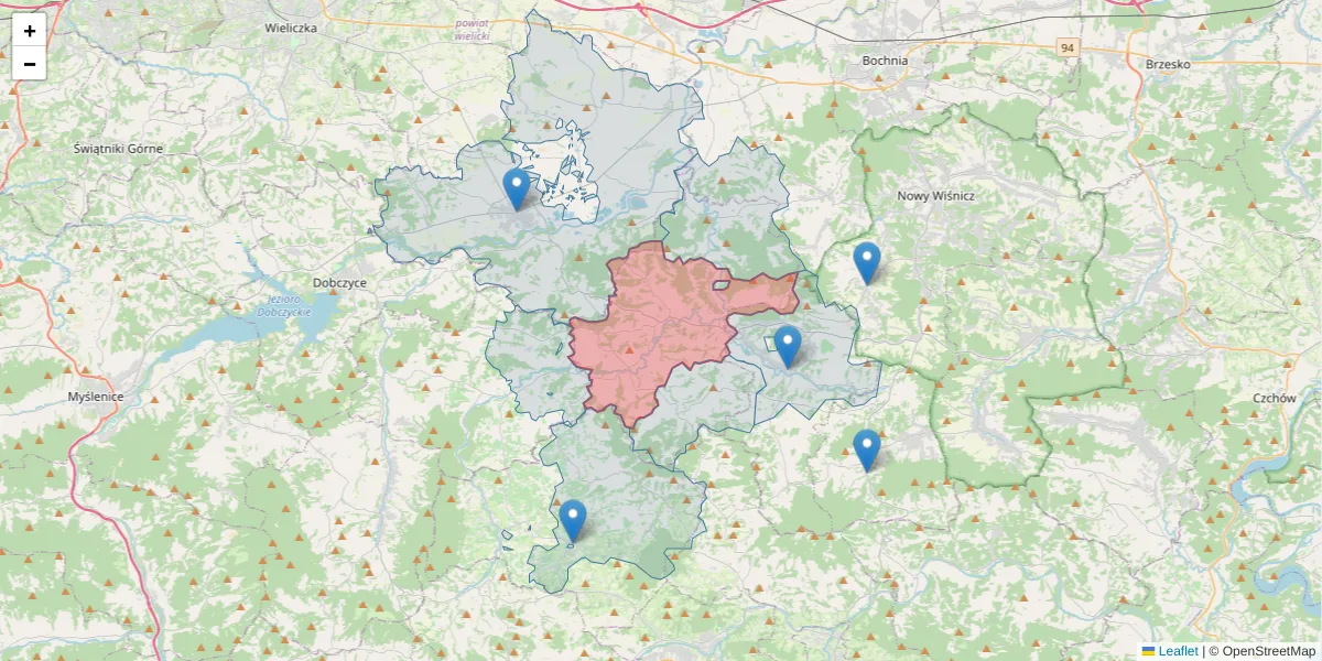 Szczegółowa mapa kodu pocztowego 32-740 z granicami, sąsiednimi kodami pocztowymi i urzędami pocztowymi