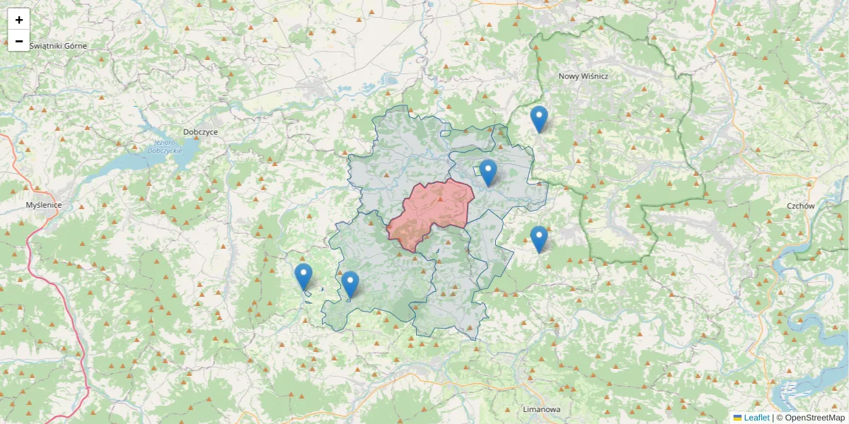 Szczegółowa mapa kodu pocztowego 32-741 z granicami, sąsiednimi kodami pocztowymi i urzędami pocztowymi