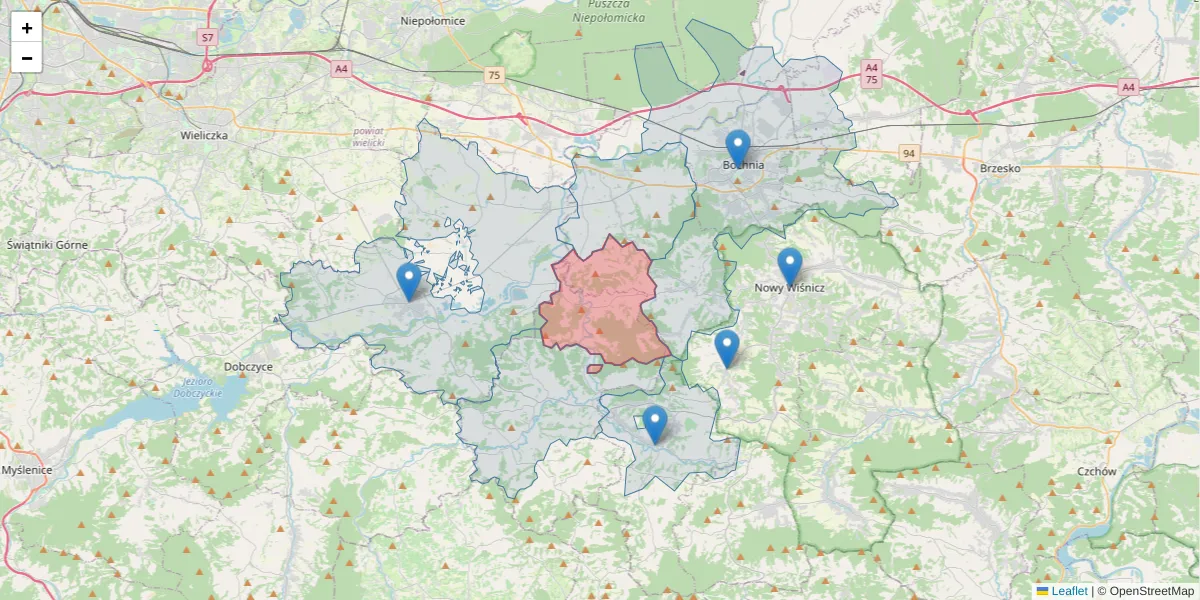Szczegółowa mapa kodu pocztowego 32-742 z granicami, sąsiednimi kodami pocztowymi i urzędami pocztowymi