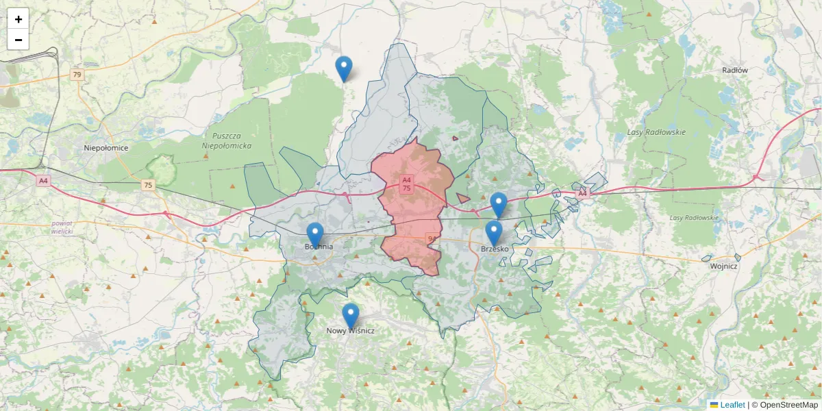 Szczegółowa mapa kodu pocztowego 32-765 z granicami, sąsiednimi kodami pocztowymi i urzędami pocztowymi