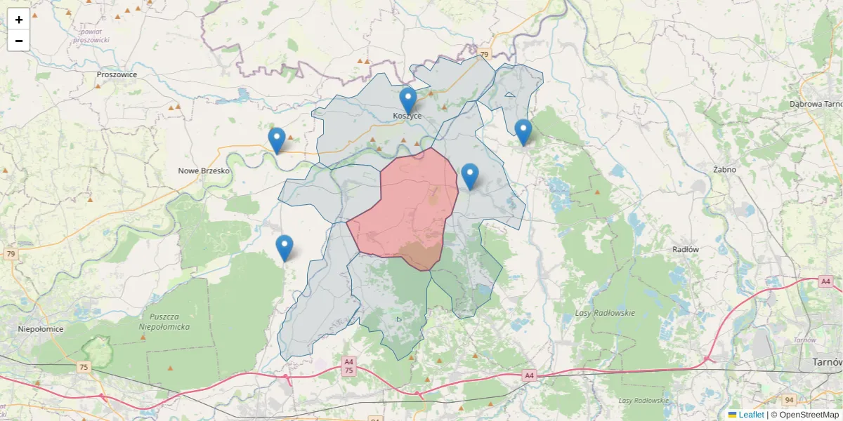 Szczegółowa mapa kodu pocztowego 32-822 z granicami, sąsiednimi kodami pocztowymi i urzędami pocztowymi