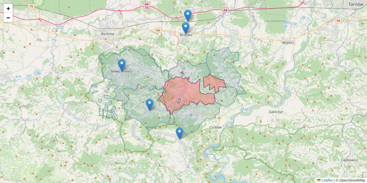 Szczegółowa mapa kodu pocztowego 32-864 z granicami, sąsiednimi kodami pocztowymi i urzędami pocztowymi