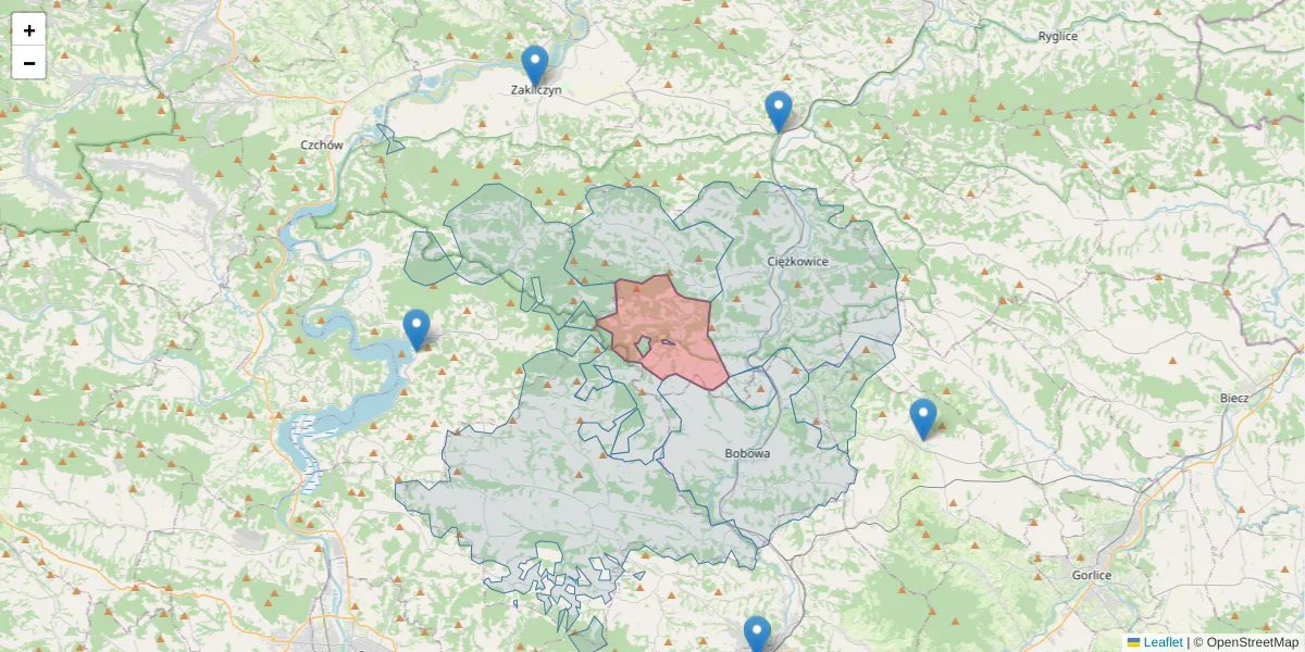 Szczegółowa mapa kodu pocztowego 33-192 z granicami, sąsiednimi kodami pocztowymi i urzędami pocztowymi