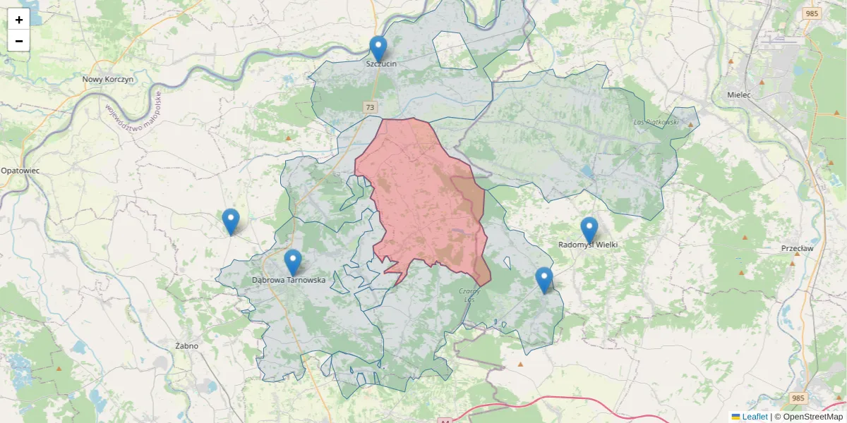 Szczegółowa mapa kodu pocztowego 33-207 z granicami, sąsiednimi kodami pocztowymi i urzędami pocztowymi