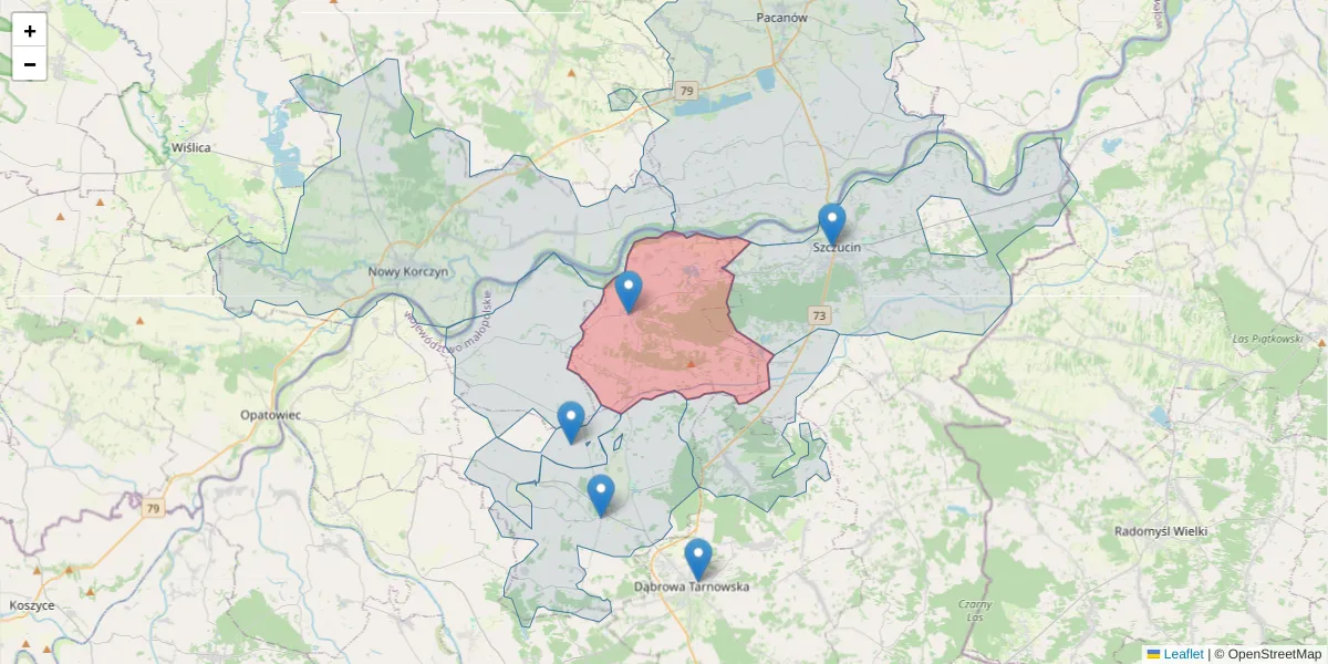 Szczegółowa mapa kodu pocztowego 33-221 z granicami, sąsiednimi kodami pocztowymi i urzędami pocztowymi