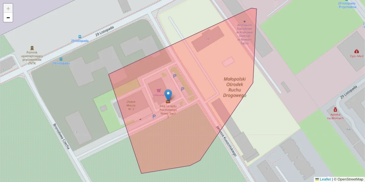 Szczegółowa mapa kodu pocztowego 33-305 z granicami, sąsiednimi kodami pocztowymi i urzędami pocztowymi