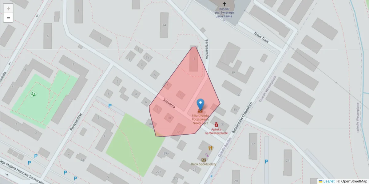 Szczegółowa mapa kodu pocztowego 33-307 z granicami, sąsiednimi kodami pocztowymi i urzędami pocztowymi