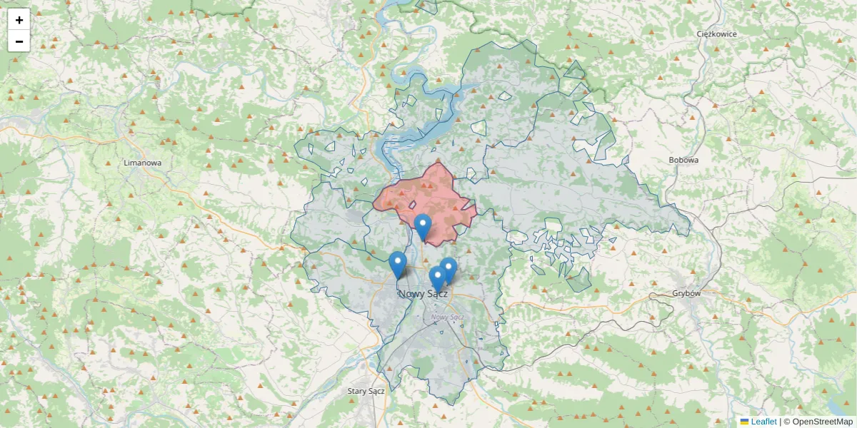 Szczegółowa mapa kodu pocztowego 33-311 z granicami, sąsiednimi kodami pocztowymi i urzędami pocztowymi