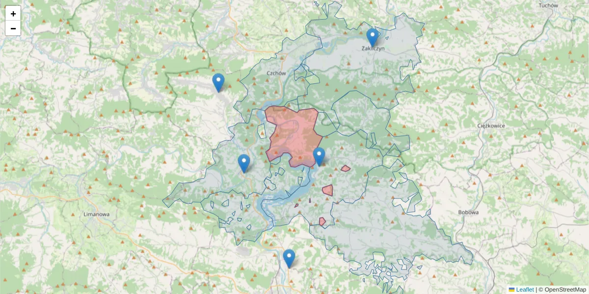 Szczegółowa mapa kodu pocztowego 33-316 z granicami, sąsiednimi kodami pocztowymi i urzędami pocztowymi