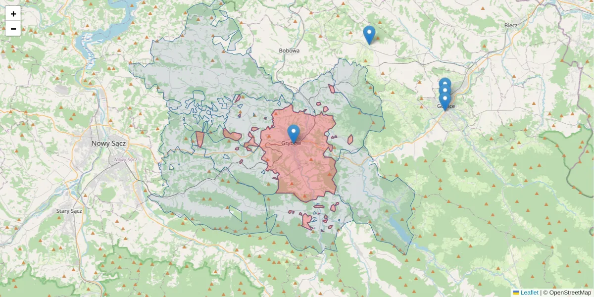Szczegółowa mapa kodu pocztowego 33-330 z granicami, sąsiednimi kodami pocztowymi i urzędami pocztowymi