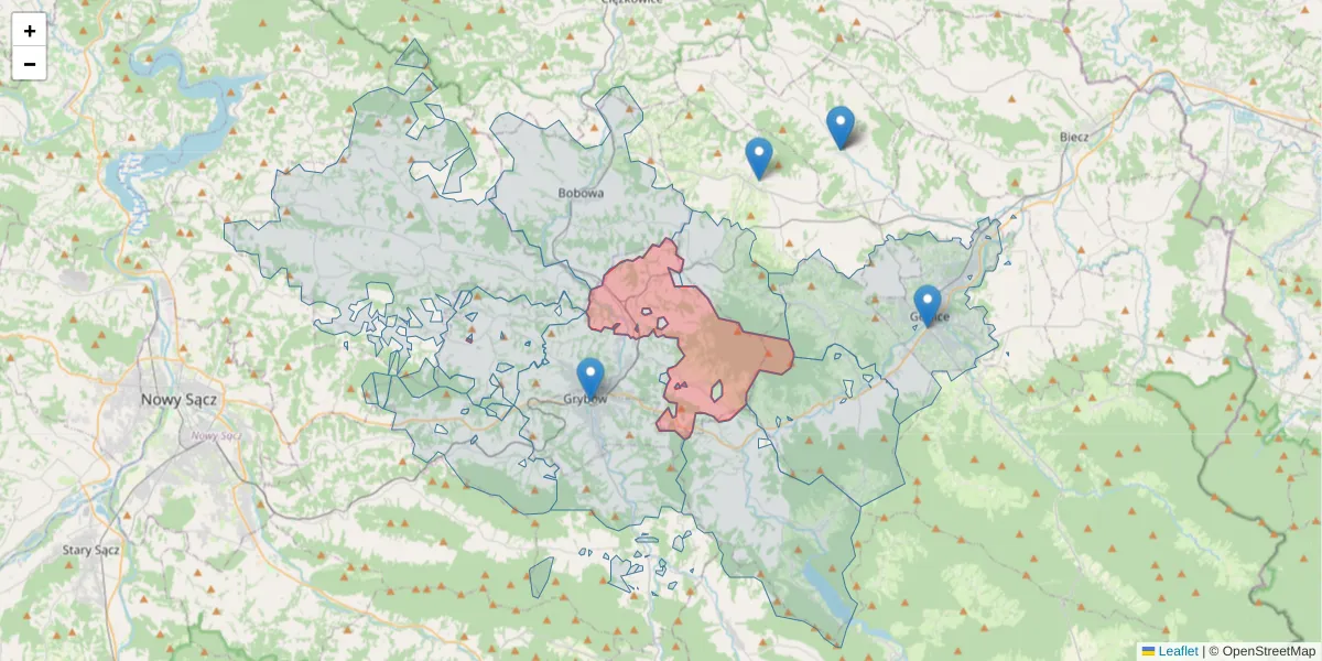 Szczegółowa mapa kodu pocztowego 33-331 z granicami, sąsiednimi kodami pocztowymi i urzędami pocztowymi