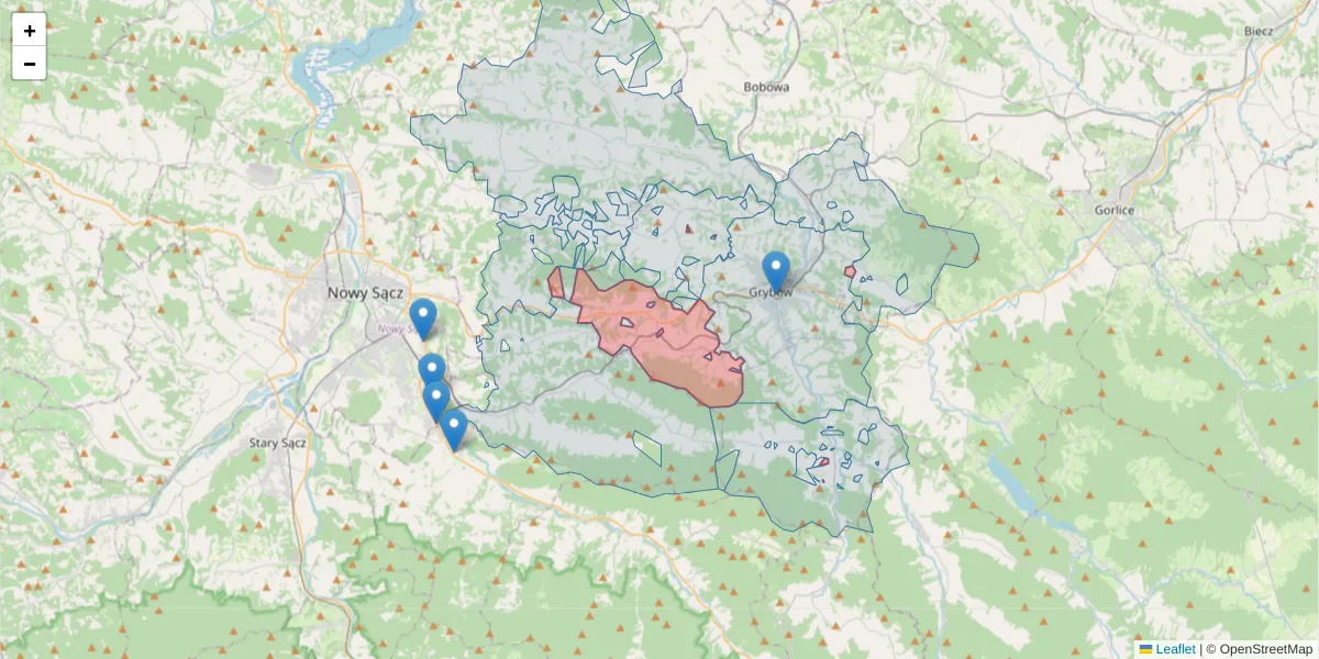 Szczegółowa mapa kodu pocztowego 33-333 z granicami, sąsiednimi kodami pocztowymi i urzędami pocztowymi