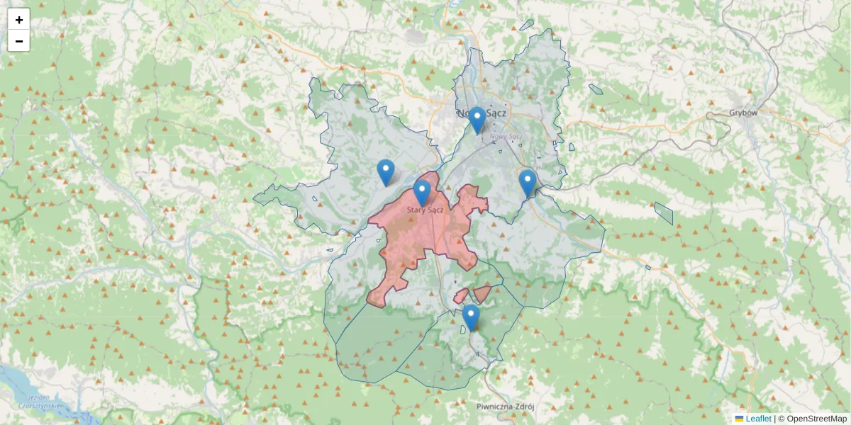 Szczegółowa mapa kodu pocztowego 33-340 z granicami, sąsiednimi kodami pocztowymi i urzędami pocztowymi