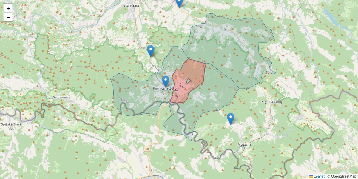Szczegółowa mapa kodu pocztowego 33-351 z granicami, sąsiednimi kodami pocztowymi i urzędami pocztowymi