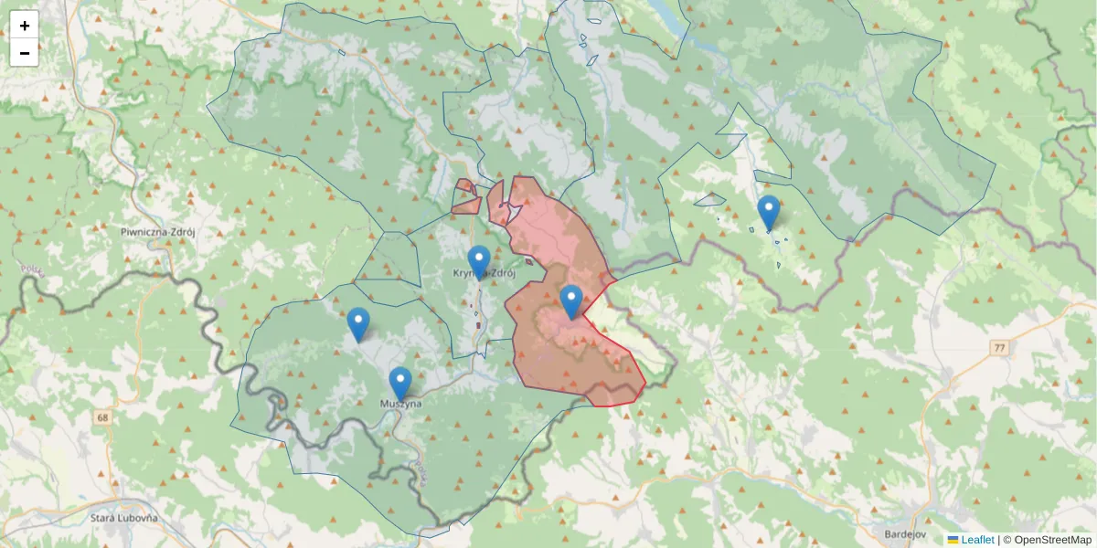 Szczegółowa mapa kodu pocztowego 33-383 z granicami, sąsiednimi kodami pocztowymi i urzędami pocztowymi